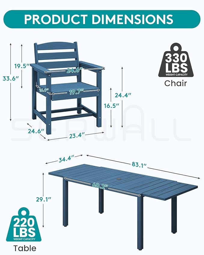 SERWALL 7-Piece Patio Dining Sets, 60" - 83" Expandable Outdoor Dining Table and 6 HDPE Chairs, All Weather HDPE Outdoor Furniture Set for Backyard, Garden, Blue SERWALL