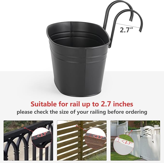 Dahey 10.5 Inch Metal Iron Hanging Flower Pots for Railing Fence Hanging Bucket Pots Countryside Style Window Flower Plant Holder with Detachable Hooks Home Decor,Black,5 Pcs Dahey