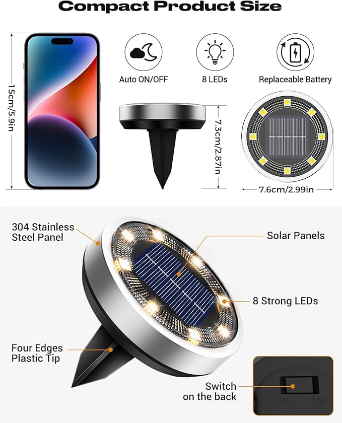 btfarm 10 Pack Solar Ground Lights Outdoor, 8 LED Solar Disc Lights IP65 Waterproof Flat Solar Light, Pathway Lights Solar Powered for Garden Lawn Patio Yard Path Landscape, Warm White btfarmdecorativelighting