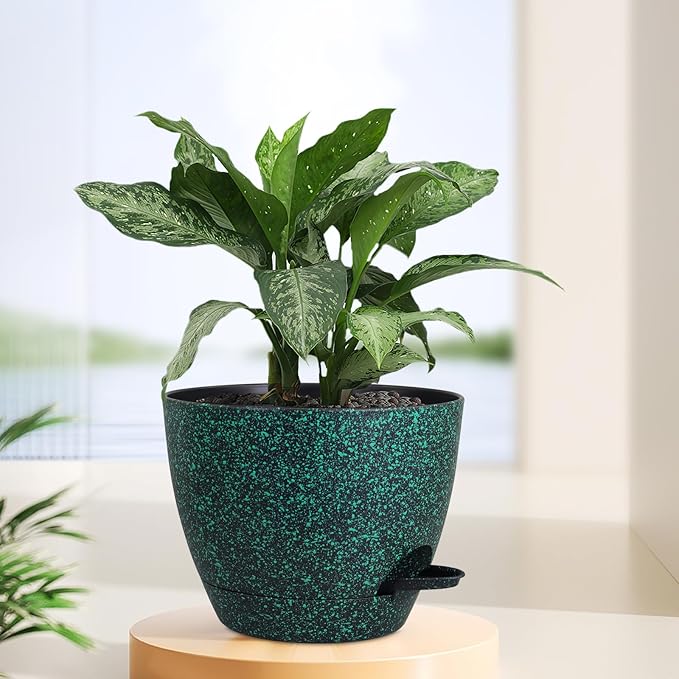 12 inch Large Self Watering Pots for Indoor Outdoor Plants, Flower Plant Pots with Mesh Drainage Holes for Garden House Plants, Plastic Planters for Home, Black with Green Speckles Meowell