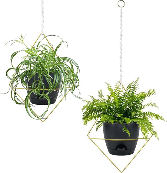 Hanging Planters for Indoor Plants, 2 Set Self Watering Hanging Flower Pots, Modern Hanging Plant Baskets with Metal Plant Holder & 6.5 Inch Plastic Pots for Garden Home Decor (Gold Frame Black Pot) Koalaime