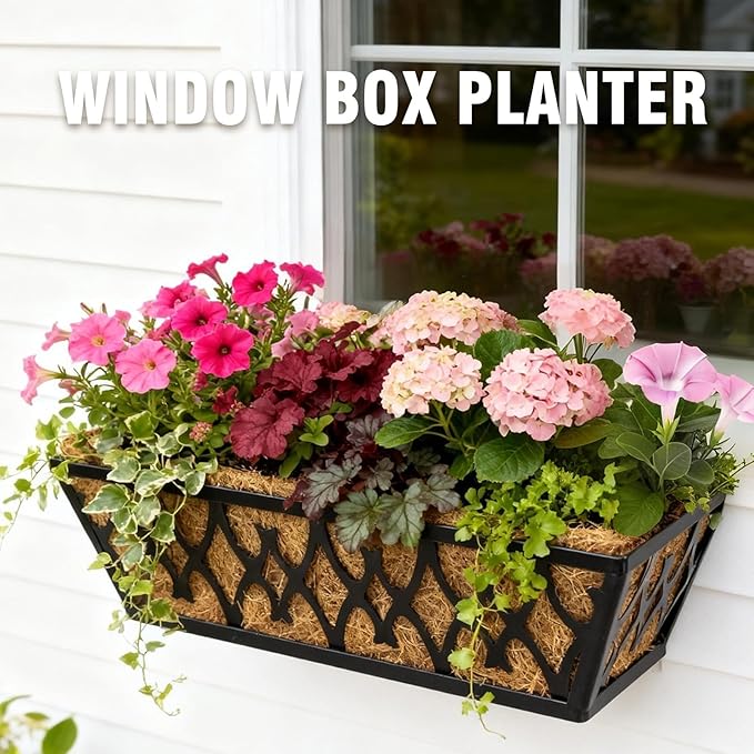2 Pack 16 Inch Window Boxes Planters Railing Planter Box with Adjustable Brackets for Porch Fence Patio Balcony Hanging Flower Baskets with Coco Liners for Outdoor Garden Decor - Black KarlliuHOMEGARDEN