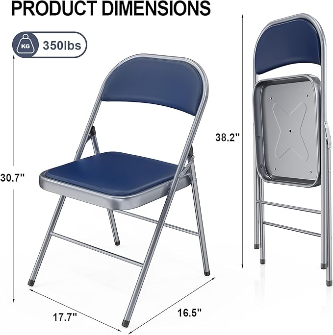 VINGLI 10 Pack Folding Chairs with Padded Seats, Metal Frame with Pu Leather Seat & Back, Capacity 350 lbs, Blue VINGLI