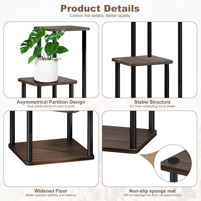4 Tier Plant Stand Indoor, Thickened Metal Wood Corner Plant Shelf Stands for Multiple Plants, Indoor Tall Plants Stand Tiered Flower Holder for Living Room Patio Garden Balcony(Black+Oak) YOCOMEY