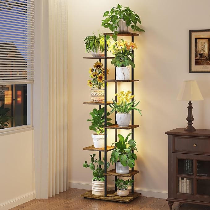 iDavosic.ly 7 Tier Tall Plant Stand Indoor with Light, Tiered Corner Metal Wood Multiple Flower Holder Shelf, 50 Inch Display Grow Rack for Living Room Bedroom, Modern Black & Rustic Brown iDavosicly
