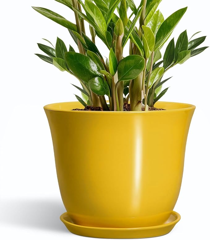 Ceramic Planter - 10 Inch Plant Pot for Indoor Outdoor, Round Flower Pots with Drainage Hole and Saucer, Large Plant Pot, Modern Planters, Home Room Decor, Gifts for Plants Lovers, Yellow SUNPOTFOR