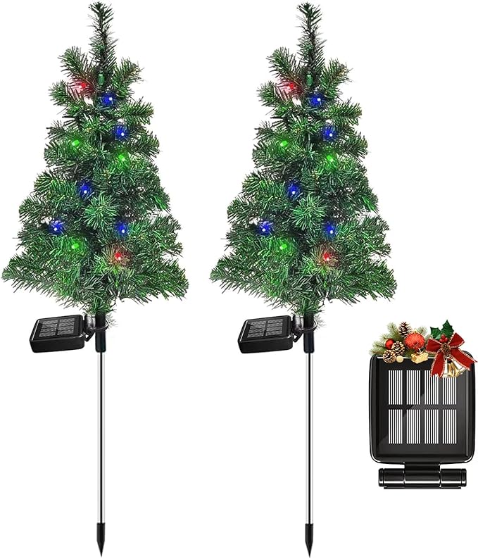 Solar Christmas Tree Garden Stake Lights Waterproof Christmas Decorations Tree Lights Outdoor Xmas Tree Light Christmas décor Pathway Lights Patio Yard (Color, 2pcs FANFX