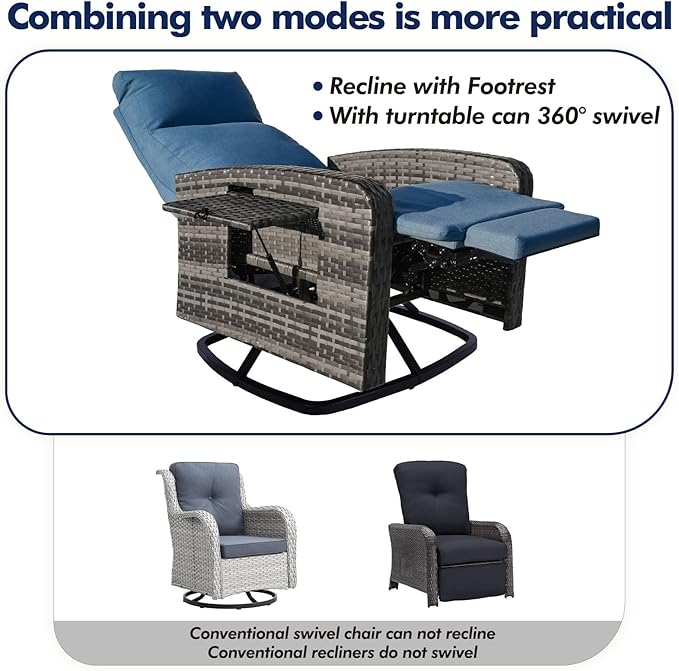 Outdoor Recliner Chair Set of 2, Wicker Patio Recliners with Adjustable Backrest and Extended Foot Rest, Reclining Patio Chairs with Flip Table & Removable Cushion Cover for Porch zzw