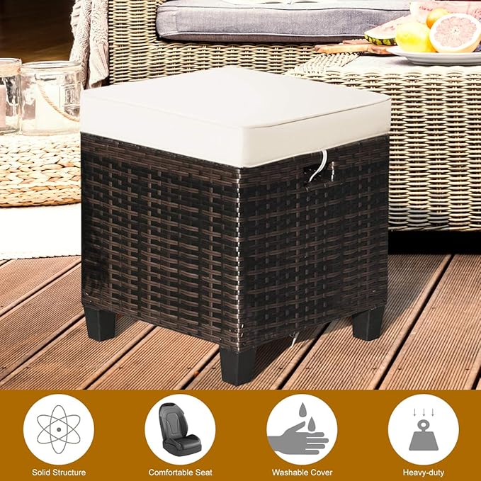Tangkula 2 Pieces Outdoor Patio Ottoman, All Weather Rattan Wicker Ottoman Seat, Patio Rattan Furniture, Outdoor Footstool Footrest Seat w/Removable Cushions TANGKULA