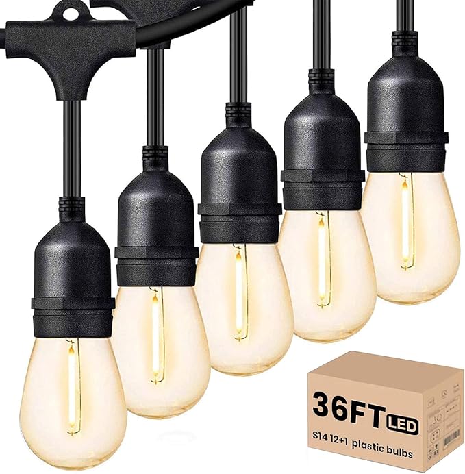 Svater Outdoor Led String Lights 36 FT, Patio Lights for Outside with 13pcs S14 Shatterproof Bulbs, 1 Watt E26 Dimmable, IP65 Waterproof, Commercial Grade Bistro Light 2700K Warm White Svater