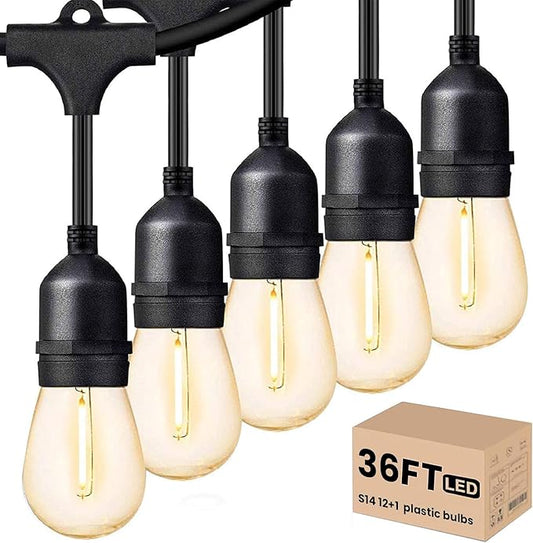 Svater Outdoor Led String Lights 36 FT, Patio Lights for Outside with 13pcs S14 Shatterproof Bulbs, 1 Watt E26 Dimmable, IP65 Waterproof, Commercial Grade Bistro Light 2700K Warm White Svater
