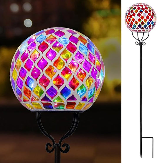 VCUTEKA Solar Outdoor Lights Garden Decor Mosaic Solar Garden Lights Waterproof Glass Ball LED Pathway Stake Light for Landscape Lawn Patio Yard Decoration 6 inch, Red VCUTEKA