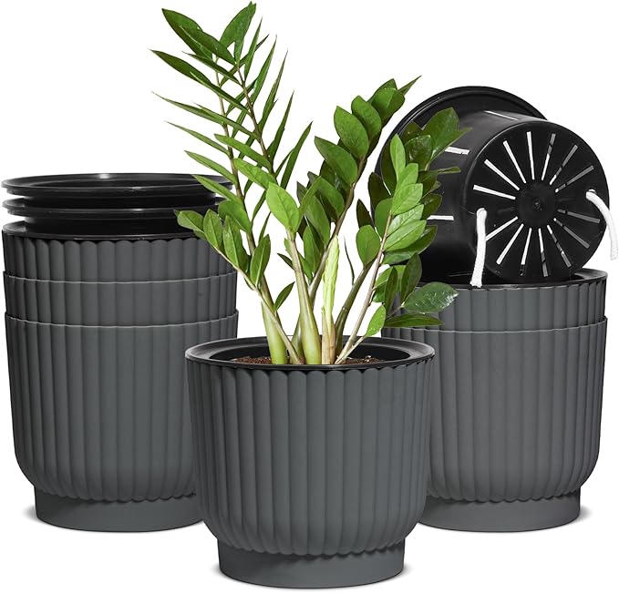 T4U 6 Inch Self Watering Pots for Indoor Plants, 6 Pack Plant Pots, Self Watering Planter for Indoor Plants, Durable Plastic Pots, Flower, Succulents (6 Pack, 6", Gray) T4U