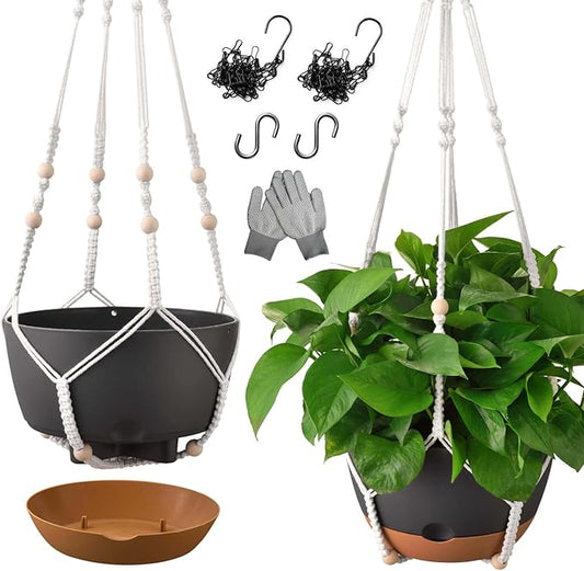 10 Inch Hanging Planters for Indoor Plants,Set of 2 Hanging Pots for Plants with Self-Watering, Outdoor Hanging Plant Pot with Drainage and 2 Kinds of Hanging Baskets Hangers for Home Decor and Garden TIMOSUKI