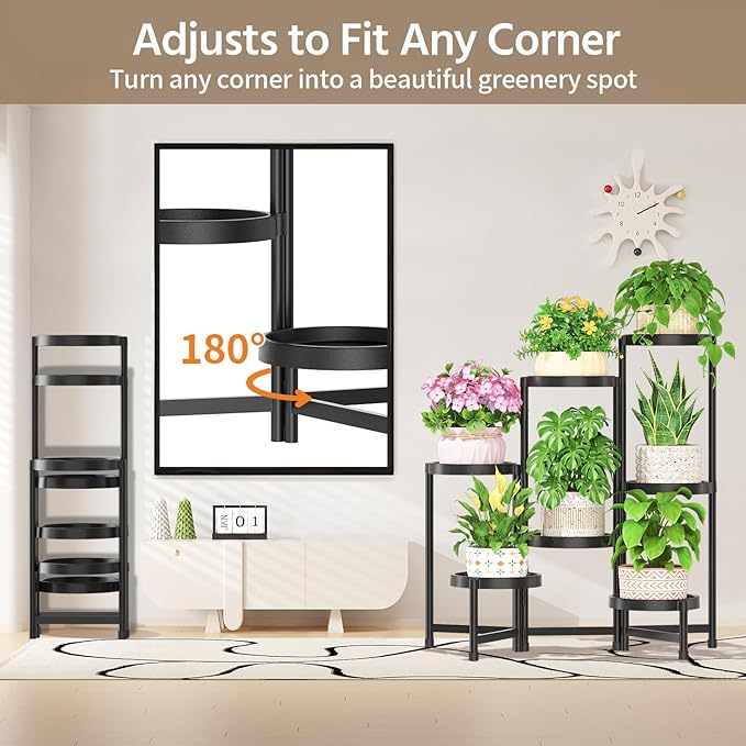 LASZOLA 7 Tiered Folding Plant Stand Indoor for Multiple Large Planter, Tall Heavy Duty Adjustable Rack with Rust Proof Plastic Shelving, Sturdy Vertical Tree Organizer for Narrow Inside Floor, Black LASZOLA