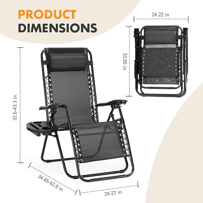 NEWBULIG Zero Gravity Chair Set of 2, Lounge Chair Folding Portable Adjustable Camping Reclining Chairs with Adjustable Pollow, Mesh Back, Cup Holder Trays Lawn Patio Chair for Pool Beach - Black NEWBULIG