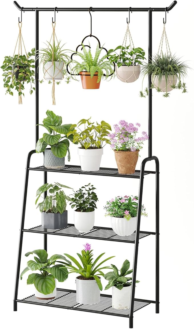 Metal Plant Stand Indoor Outdoor, 3 Tier Tall Corner Plant Shelf, Hanging Flower Ladder for Living Room, Balcony, Garden, Patio (Black) Rootora
