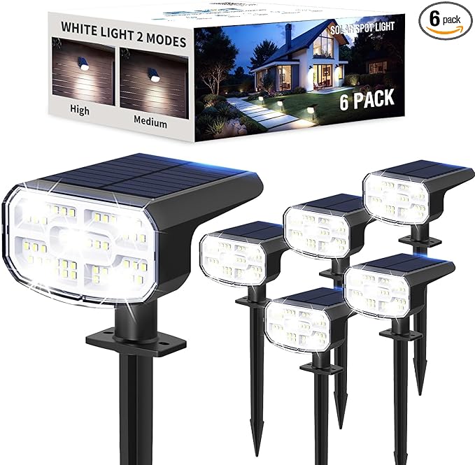 Solar Spot Lights Outdoor Waterproof IP65,6 Pack,Cool Light, 2 Lighting Modes Selectable, Solar Powered Yard Garden Solar Spot Lights for Garden Outside Landscape Auto On/Off JEJOT