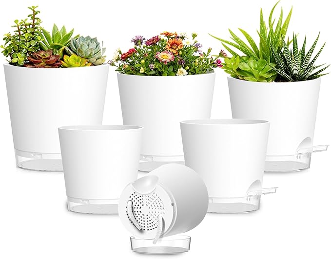 Plant Pots 4/5/5.5/6/6.5/7 Inch Self Watering Pots, 6 Pack Plastic Planters with Drainage Holes and Clear Saucers,Plastic Flower Pots,Nursery Planting Pot for Indoor Out Door Plants(White) SQKH
