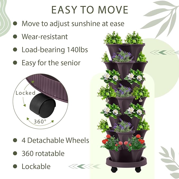 Umigy 2 Set Espresso Brown 7 Tier Vertical Planter Stackable Tower Planters Strawberry Herb Flower and Vegetable Pots Indoor Outdoor Gardening Pots with Removable Wheels and Tools Umigy
