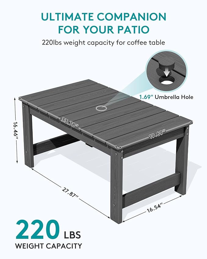 SERWALL Outdoor Coffee Table with 9FT Umbrella, HDPE Patio Coffee Table for Outside, Rectangle, Gray(Not Include Umbrella Base) SERWALL