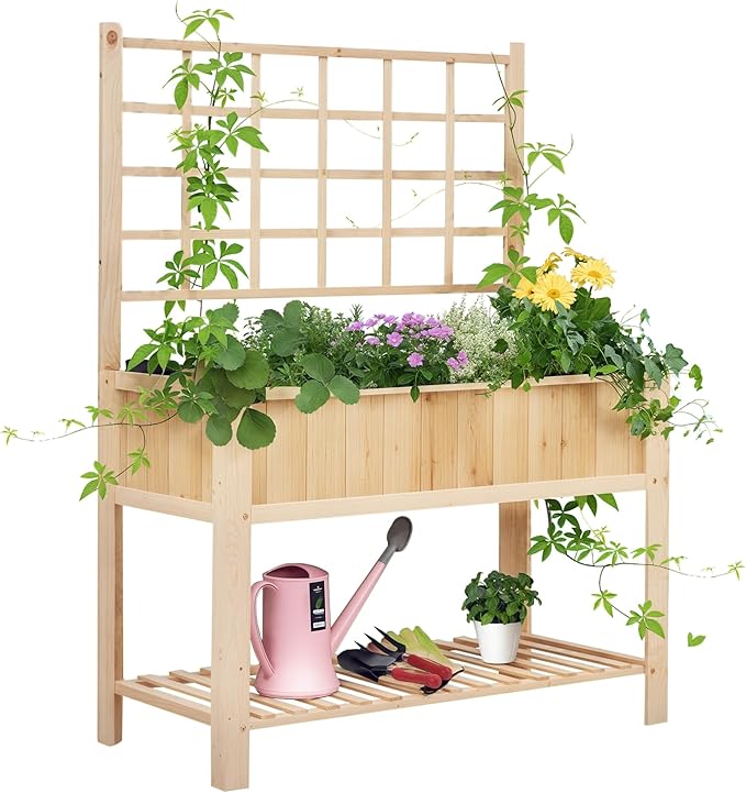 Outsunny 47'' Wooden Raised Garden Bed with Trellis, Coutryside Style Elevated Planter Box Stand with Open Storage Shelf, Spacious Planting Area for Vegetables, Herbs, Flowers Outsunny
