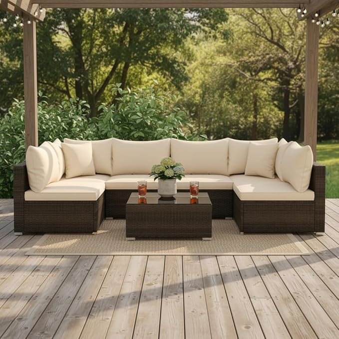 Tangkula 7 Pieces Wicker Patio Furniture Set, All-Weather Outdoor Rattan Sectional Sofa Set with Cushions & Tempered Glass Coffee Table, Outside Sofa Set for Garden, Lawn, Deck, Backyard TANGKULA