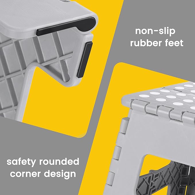 ACSTEP Folding Step Stool 11'' Foldable Step Stool for Kids and Adults Up to 300 lbs, Non-Slip Folding Stools with Portable Handle for Bedroom Kitchen, Bathroom Grey ACSTEP
