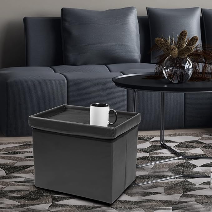 ALASDO Storage Ottoman Footrest Stool Small Ottoman with Storage Foldable Ottoman Leather Foot Rest Footstool Bench for Living Room 17x13x13inches Black ALASDO