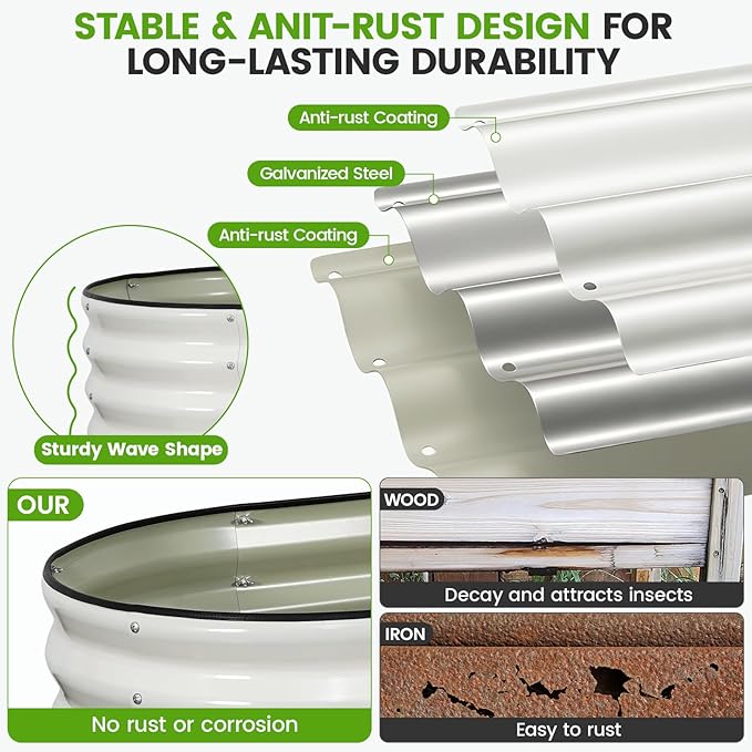 Galvanized Raised Garden Bed Outdoor 24'' Deep | Oval Metal Garden Beds with Easy Assembly & Planter Box for Planting Deep Root Vegetables Fruits Flowers, 6x2x2ft White Rootora
