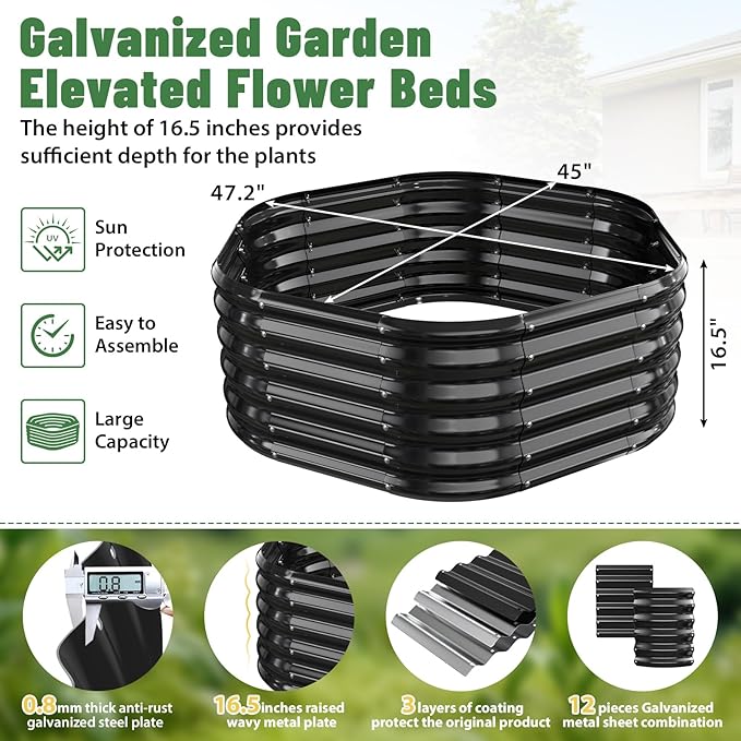 Hexagon Raised Garden Bed, 48 Inch Diagonal & 16.5 Inch Tall, Galvanized Steel Planter Box with Wave-Shaped Metal Panels for Outdoor Flower,Tree,Herb & Vegetable Garden (Black, 4FT X 1.5FT) Rootora