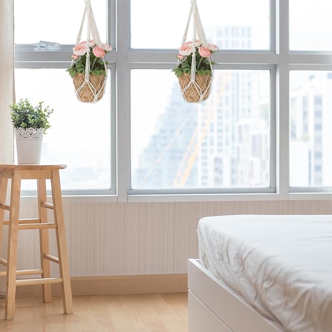 2 PCS Macrame Plant Hanger Indoor Hanging Plant Holder Hand-Woven Cotton Rope Flower Pot Basket with Metal Hook Rings Window Plant Hanger for Outdoor Hanging Pots Home Boho Decor, No Tassels, 23.6" Sliverdew