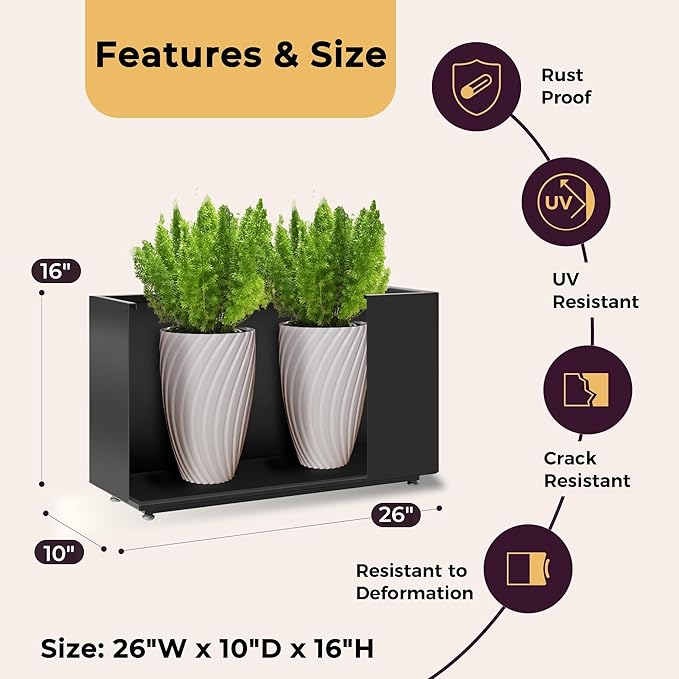 Outdoor Metal Planter Box 26Wx10Dx16H, Large Rectangular Trough Planters, Easy 5-Min Assembly, Modern Plant Container with Drainage Holes, Heavy Duty, Weather Resistant, Black Foresland-MetalPlanter