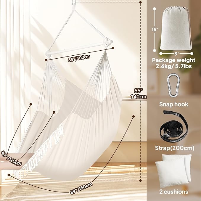 Chihee Hammock Chair 4.9ft x 3.9ft Max 500 Lbs Widen Hanging Swing 2 Cushions Included Metal Spreader Bar with Anti-Slip Grooves Portable Comfy Hanging Chair Side Pocket Bohemian Chair Indoor Outdoor Chihee