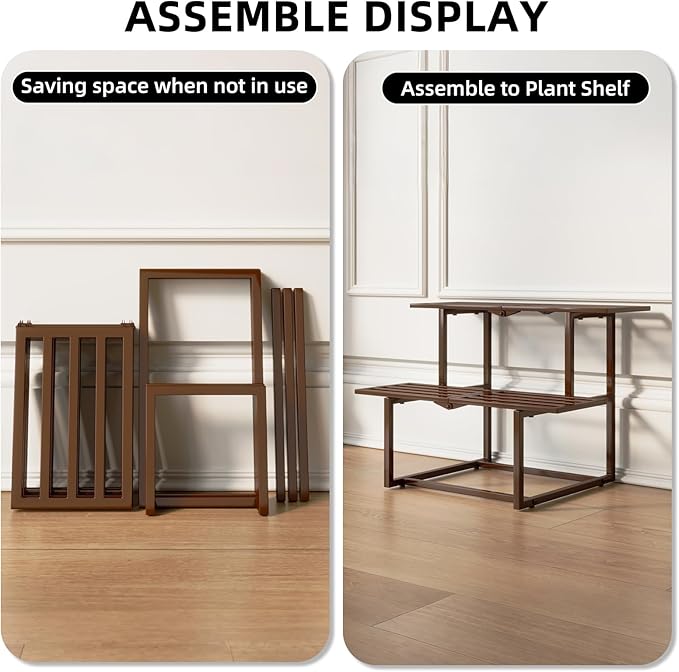 Metal Plant Stand, Foldable Heavy Duty Indoor, Window Iron Plant Shelf - Mid Century Modern Slatted Display for Patio, Garden, Living Room Load Bearing 330 lbs 26" L x 20.2" H x 17.7" W 2 Tier Coffee HomecourtyardsInterio
