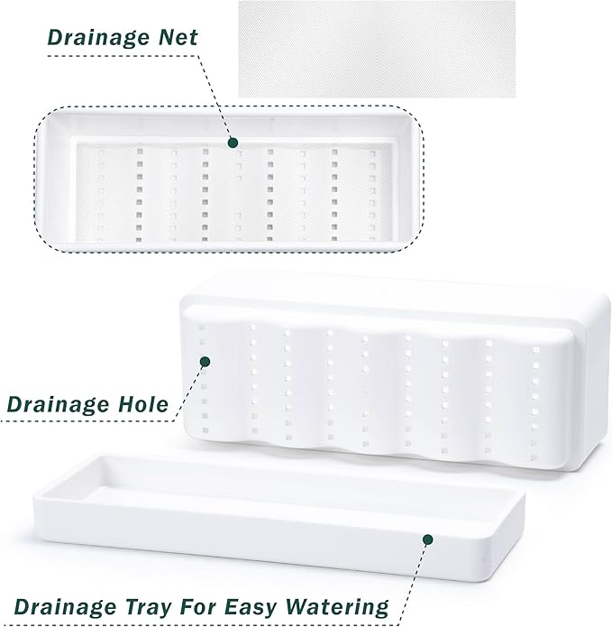 D'vine Dev 12 Inch Window Box Planter, Rectangle Plastic Herb Planter with Drainage Holes and Saucer, Indoor Succulent Cactus Vegetable Pot for Windowsill, Garden Balcony, White, Set of 1, 76-X-A-1 DvineDevPlanterPotsandStand