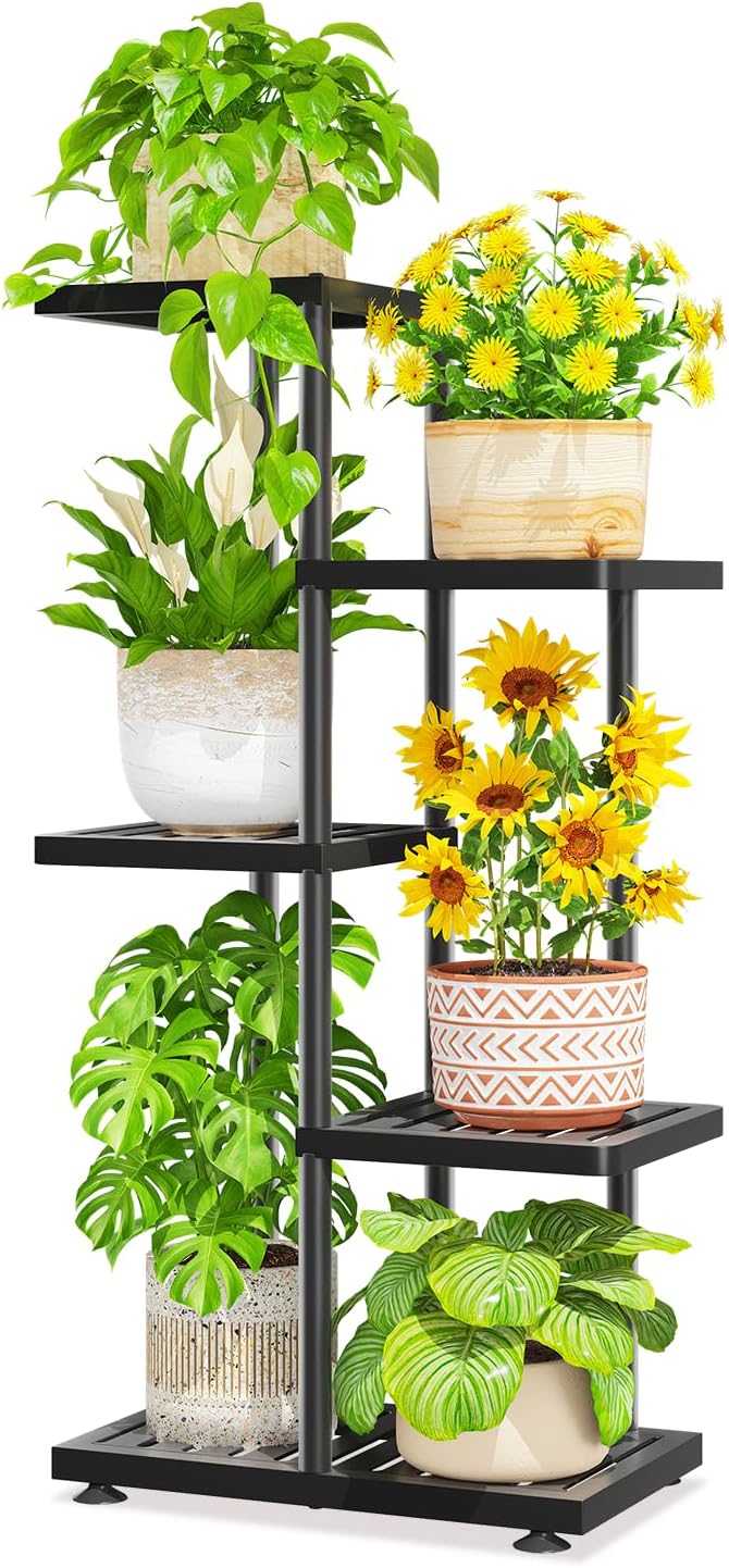 LASZOLA 4 Tier Plant Stand Indoors Outdoors for Large Heavy Duty Planter, Black Metal Tall Flower Holder Rack with Multiple Shelf for Modern Patio Corner, Vertical Organizer, Weather Resistant Bracket LASZOLA