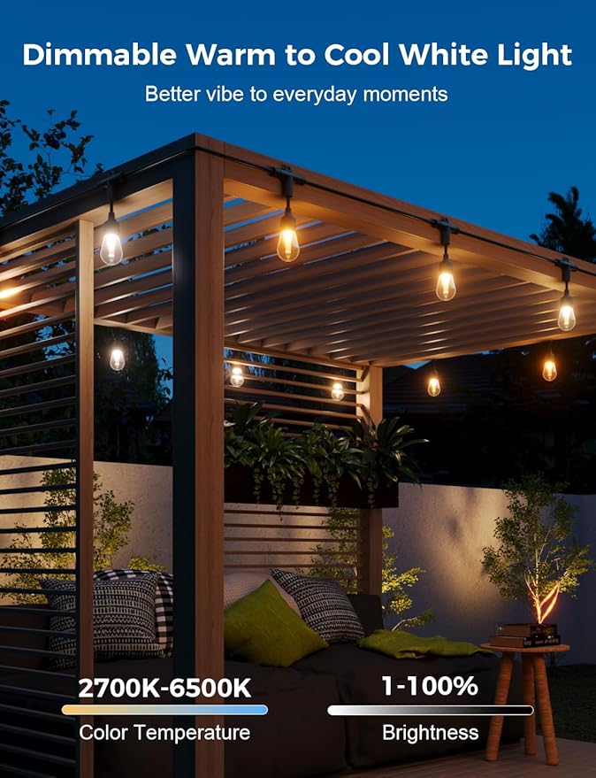 XMCOSY+ Outdoor String Lights Smart, 49Ft RGBCWIC Patio Lights Waterproof, App Control, Compatible with Alexa, Color Changing LED String Light for Outside Yard Garden Porch XMcosy