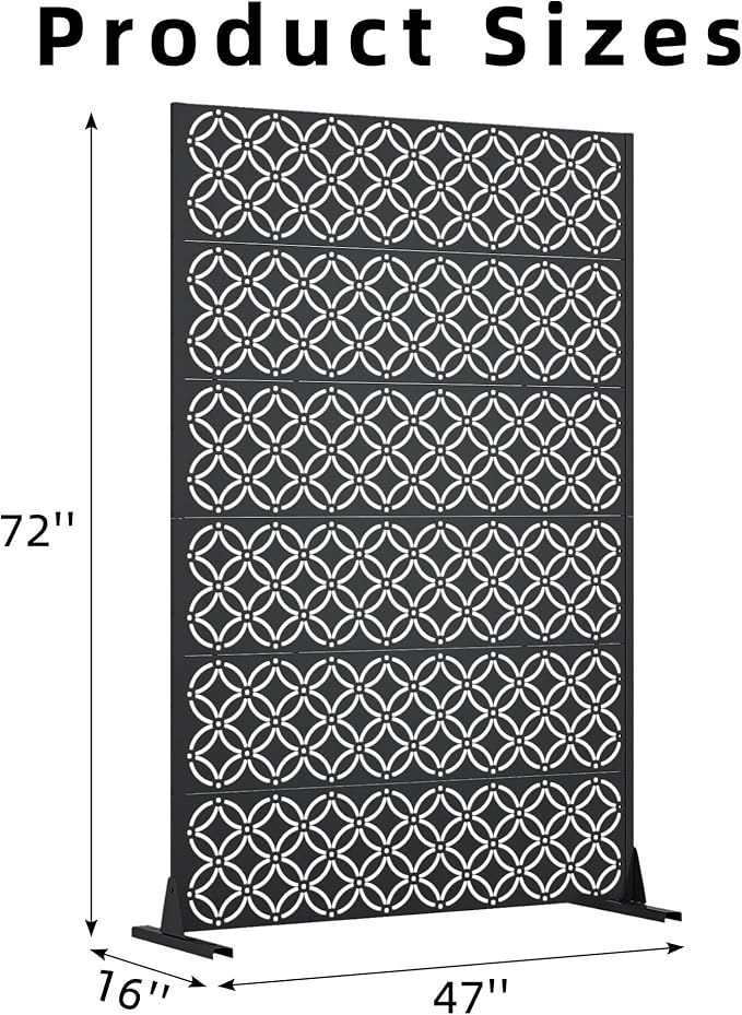 Casaphoria Metal Privacy Screen Outdoor, 72" H x 47" W Freestanding Decorative Privacy Screen for Patio Deck Balcony Garden with Stable Base, Palace Black Casaphoria