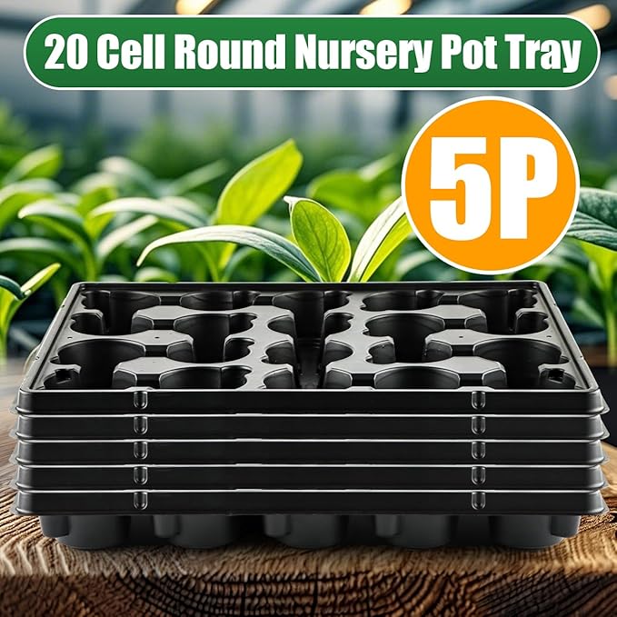 20 Cell Plant Trays for Carrying 3 inch Round Nursery Pots, Sturdy Plastic Trays Suitable for Holding 100 pcs Peat Pots (5 Packs) RooTrimmer