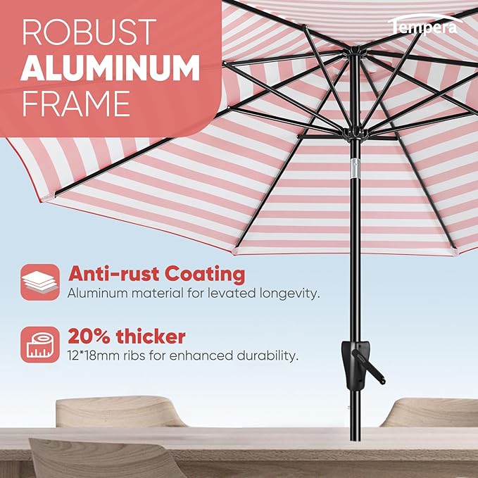 Tempera Patio Market Outdoor Table Umbrella with Auto Tilt and Crank, Large Sun Umbrella with Sturdy Pole & Fade Resistant Canopy, Easy to Set TemperaPatioLife