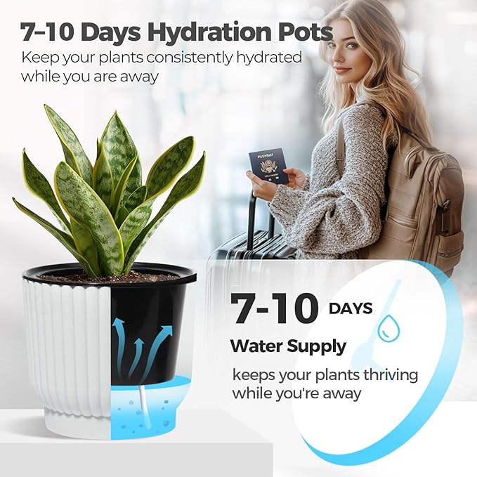 T4U 7 Inch Self Watering Pots for Indoor Plants, 4 Pack Plant Pots, Self Watering Planter for Indoor Plants, Durable Plastic Pots (4 Pack, 7", White) T4U