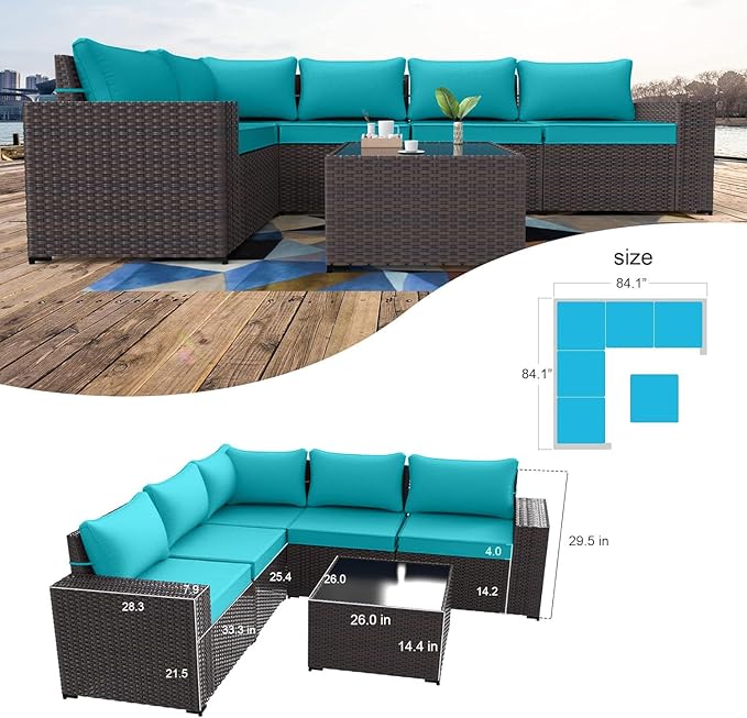 Kullavik 6PCS Outdoor Patio Furniture Set PE Wicker Rattan Sectional Sofa Patio Conversation Sets,Blue KULLAVIK