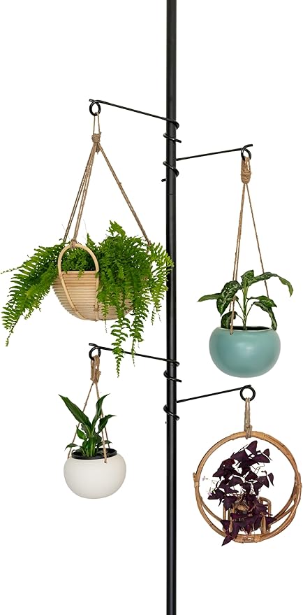 Tension Rod Plant Stand, Plant Poles for Hanging Plants Indoor, Metal Floor to Ceiling Hanging Plants Stand, Tension Pole Plant Stand with 6 Hooks (Fit 3.6-10ft) Zononoca