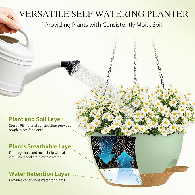 12 Inch Hanging Baskets 2 PC with Chains, Self-Watering Hanging Planters for Indoor Outdoor Plants, Plastic Hanging Flower Pots,Green Brown SQKH