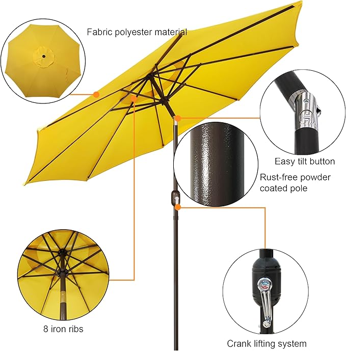 Blissun 9' Outdoor Patio Umbrella, Outdoor Table Umbrella, Yard Umbrella, Market Umbrella with 8 Sturdy Ribs, Push Button Tilt and Crank Blissun