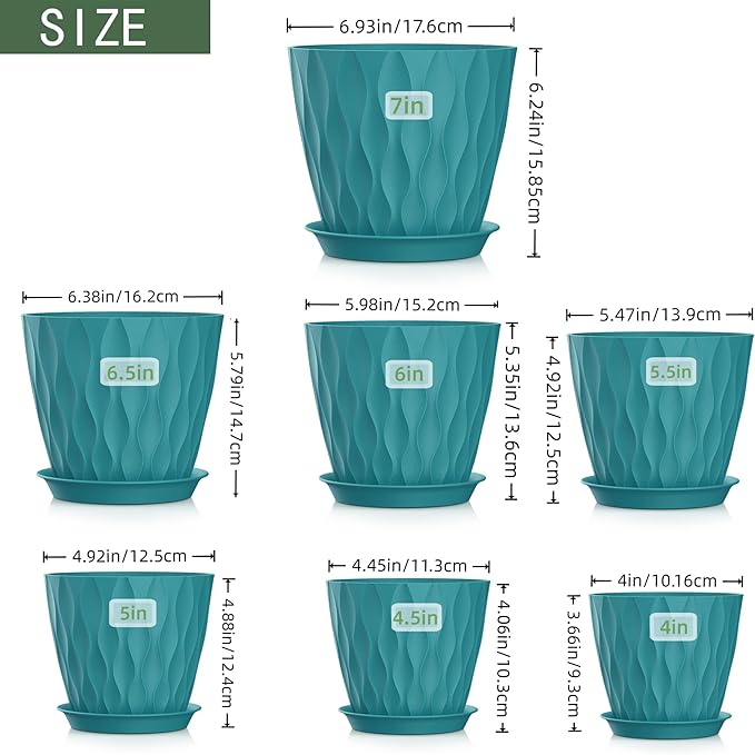 4/4.5/5/5.5/6/6.5/7 Inch Plant Pots,7 Pack Flower Pots with Drainage Holes and Trays,Plastic Planters for Indoor Outdoor Plants Growth,Green SQKH