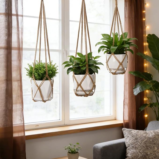 YIBOT 3 Pack Macrame Plant Hanger Indoor Hanging Planter Basket with 3 Hooks, 35"/29"/23" Crochet Plant Holder Stand No Tassels for Indoor Outdoor Boho Home Decor, Brown (POTS NOT Included) YIBOT