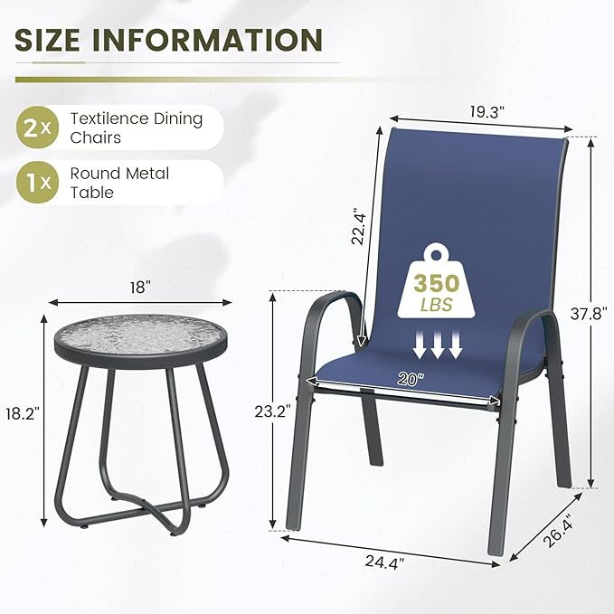 UDPATIO Patio Dining Set of 3, Outdoor Table and Chairs Set with Glass Table, 2 Stackable Patio Chairs with High Back, Outdoor Furniture Sets for Deck Garden Backyard Lawn Poolside (Blue) UDPATIO