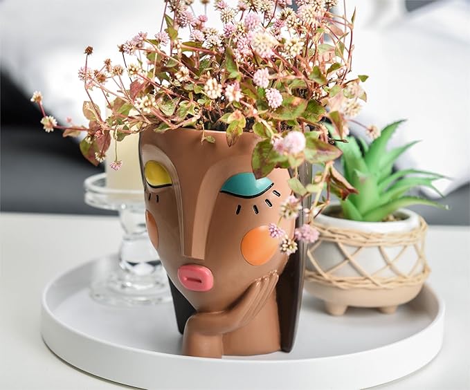 Face Planter Pots for Indoor Plants, Resin Head Planter Succulent Planter Flower Planter Cute Girl Head Pots with Drainage Hole - Painted Thinking Girl Closed Eyes Saysmile